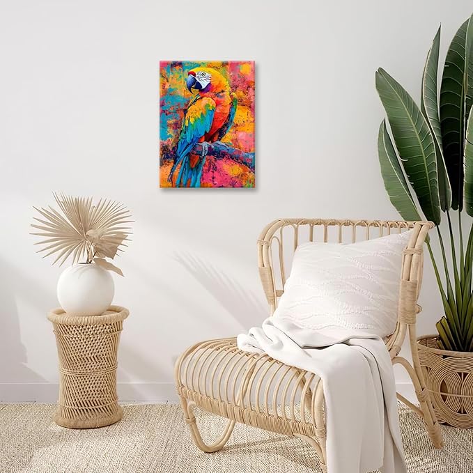 Parrot Wall Art, Graffiti Parrot Pictures Wall Decor, Colorful Birds Canvas Prints, Banksy Animal Painting, Framed Artwork for Bathroom Living Room Bedroom Office Dining Room 16"X12"