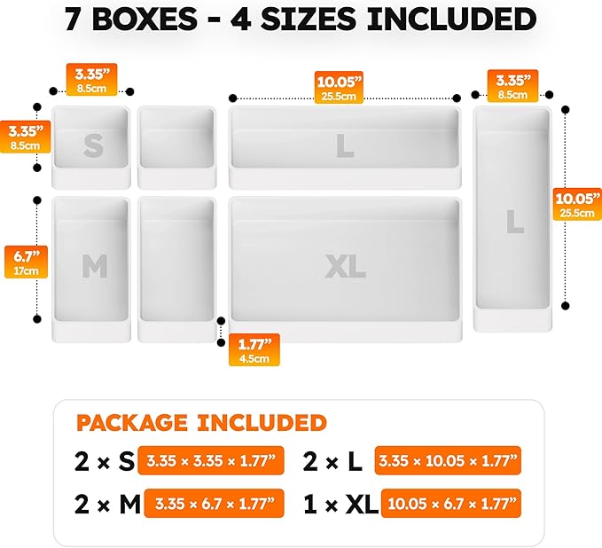 eazttouz 7 Pack Stackable Drawer Organizer Trays, Plastic Shallow Storage Bins for Bathroom Vanity, Desk Drawer, Kitchen, Makeup Organization, White (1XL+2L+2M+2S)