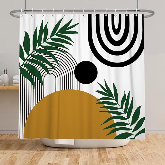 Boho Mid Century Shower Curtain Bohemian Abstract Modern Sun Bathroom Curtain Geometric Arch Curve Leaves Polyester Shower Curtain Sets for Bathroom Extra Long 69x70 in with 12 Hooks