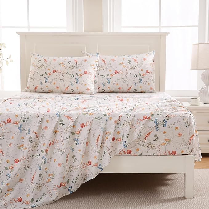 Zusbest Floral Bed Sheets Full Size Percale Cotton Orange Blue Flower Sheets Set Green Botanical Printed on White Patterned Deep Pocket Sheets, Crisp Soft Breathable for Hot Sleepers, 4 Pcs, Full