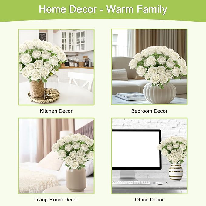 15Pcs Pearl White Roses Artificial Flowers Fake Roses Long Stem Velet Rose Silk Flowers for Home Wedding Decoration (Pearl Roses,White)