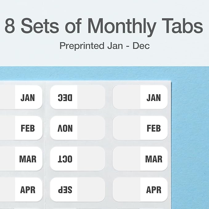 Redi-Tag Monthly Adhesive Tabs, Preprinted Tabs, 8 Sets of Jan-Dec Plus Bonus Blank Tabs, 7/17" x 1", Durable and Customizable Labels with Permanent Adhesive for Planners and Files, White (1006546)