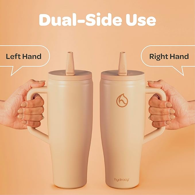 Hydracy Soulmate 40 oz Tumbler with Handle and Flip Straw - 100% Leakproof Reusable Insulated Cup with Stainless Steel Straw - Cupholder Friendly Rubber Base Travel Mug - Cafe Creme