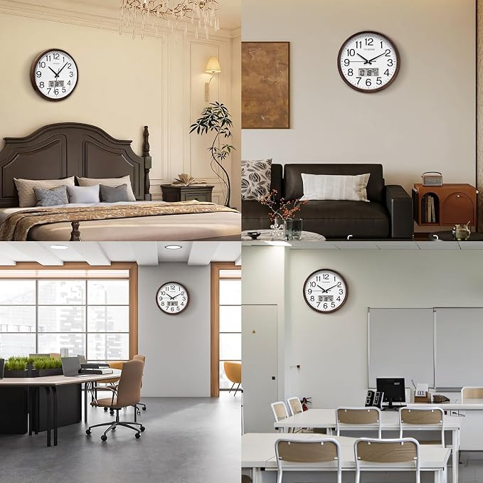 TIMESS Wall Clock, Classic Wood Style Finish, 11 Inch Non-Ticking Silent Battery Operated Quartz Analog with Perpetual Calendar and F° Temperature Display, Home, Office Décor (Wood Brown)
