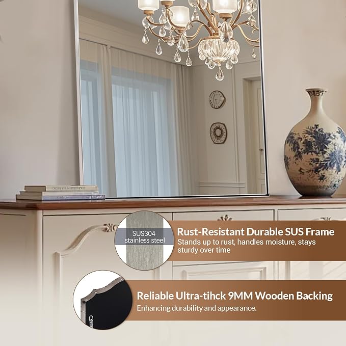 ANDY STAR Arched Mirror, 22 x 30 Inch Brushed Nickel Wall Mirror in Stainless Steel Metal Frame, Arch Top Rounded Corner 1 Inch Deep Set Design Wall Mount Hangs Vertical