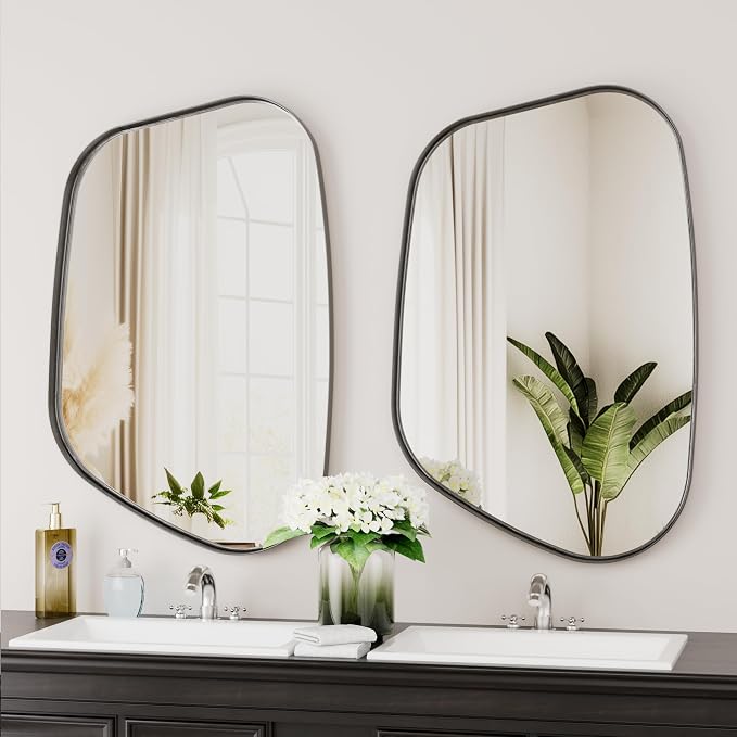 Irregular Wall Mirror 55"x28" Bathroom Mirrors Asymmetrical Artistic Decorative for Living Room Bedroom Bathroom Hallway Entryway,Trapezoid,Black