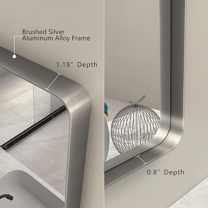 24x28 Inch Silver Bathroom Mirror, Brushed Metal Framed Silver Vanity Mirror for Wall, Shatterproof, Anti- Rust, Horizontally or Vertically Mounted