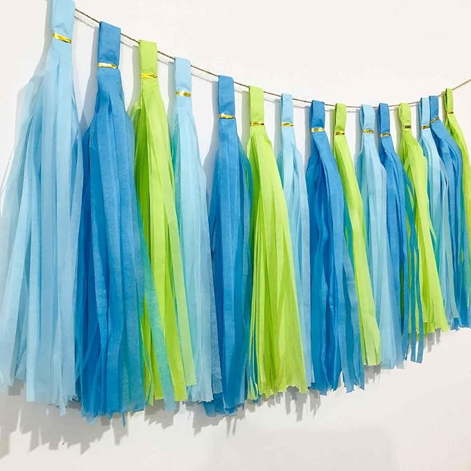We Moment Green Blue and Light Blue Tissue Paper Tassels Party Tassel Garland Banner for Baby Shower Green Blue Party Decorations, DIY Kits,15PCS