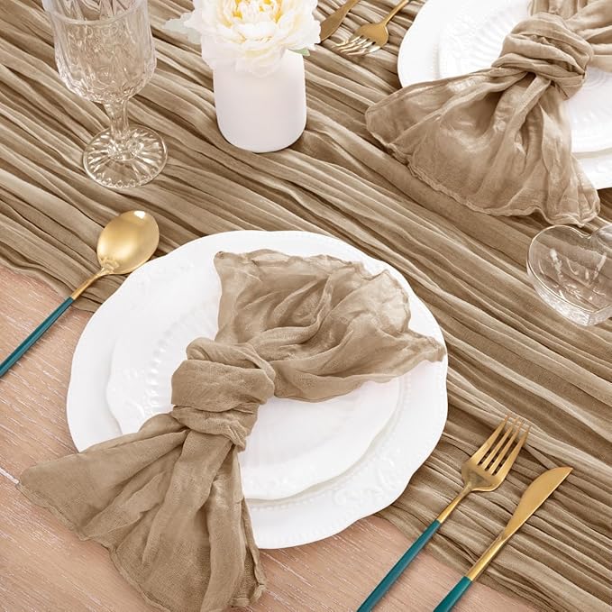 MLMC 12 Pack Nude Cheesecloth Table Runner 10ft Boho Rustic Gauze Taupe Cheese Cloth Table Runner Neutral Winter Decor 35x120 Inches for Reception Wedding Bridal Shower Party Decor