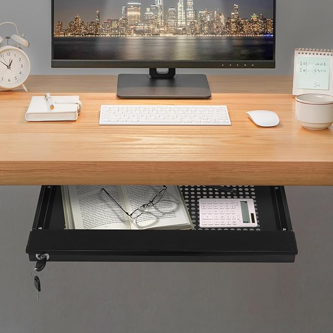 LEYSRIS 17.72" Lx1.8 H Under Desk Storage Drawer with Holes, Locking Design Black Sliding Pull-Out Drawer for Sit Stand Workstation