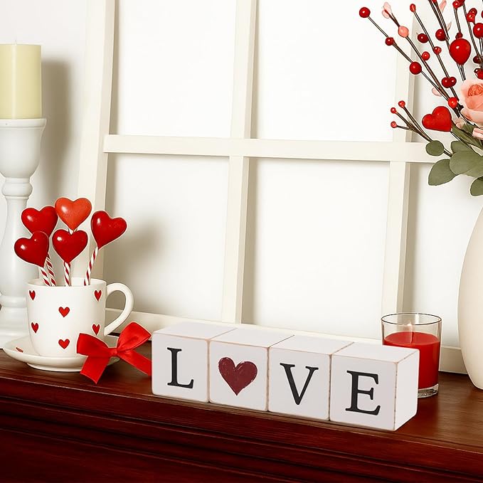 4pcs Reversible Valentines Day St. Patrick's Day Decorations Rustic Love Luck Wooden Blocks Tiered Tray Decor Love Sign Tabletop Centerpieces for Anniversary Home Mantle Shelf Party Supplies