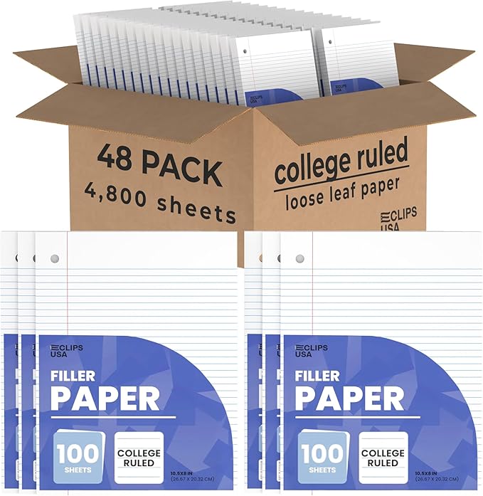 Loose Leaf Paper College Ruled Notebook Paper College Ruled Lined Writing Filler Paper 10.5” x 8” 4800 Sheets 100 Sheets Per Pack 60 gsm (48 Pack)