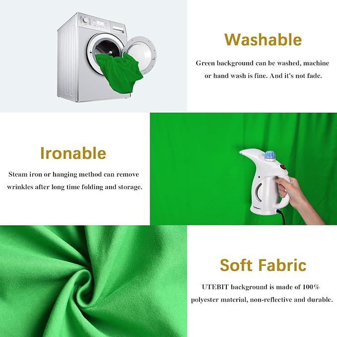 UTEBIT Green Screen Backdrop, 3.3x5 Ft Photography Greenscreen Background for Photo Video Studio, YouTube Video Streaming Zoom, Low Temperature Ironing to Remove Wrinkles