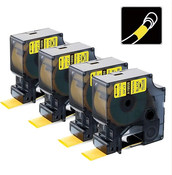 Compatible Industrial Label Tape Replace for DYMO Rhino 18058 Black on Yellow 19mm Heat Shrink Tube Label Tapes 3/4'' x 5' for DYMO Rhino 4200, 5000, 5200, 6000 Label Makers,4-Pack