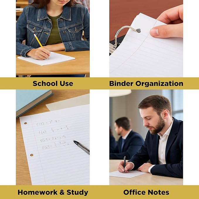Woodlake Loose Leaf Paper, College Ruled Notebook Paper, 8 x 10.5”, 150 Sheets per Pack, 3 Pack Bulk Lined Filler Paper, 3 Hole Punched, 60gsm, Made in USA