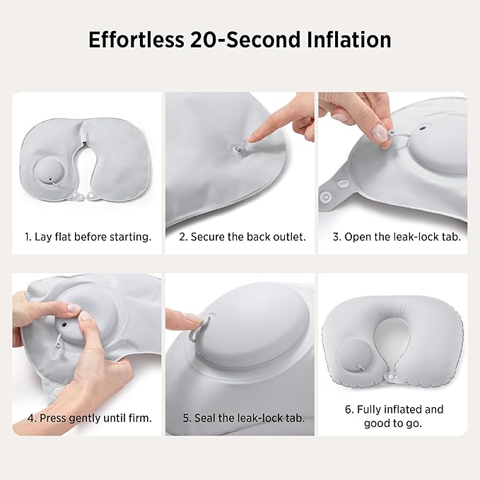 Bedsure Travel Blanket and Pillow Set with Inflatable Neck Pillows, Eye Mask and Storage Bag, Lightweight 3-in-1 Airplane Packable Blanket, Compact Travel Essentials, Grey