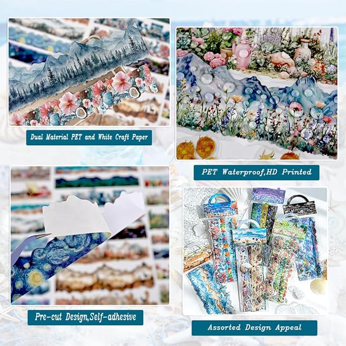 Dwpetzo Large Seasonal Nature Landscape Stickers for Journaling, 60 Sheets Dual Materials Transparent PET and Craft Paper Stickers for Junk Journal, Collage, Aesthetic Crafts Arts