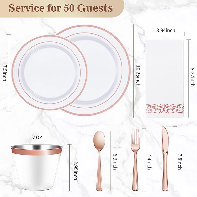 BESTVIP 350PCS Rose Gold Disposable Dinnerware Set for 50 Guests, Plastic Plates for Party, Wedding, Christmas, Halloween, Include: 100 Plastic Plates, 50 Silver Silverware, 50 Cups, 50 Napkins