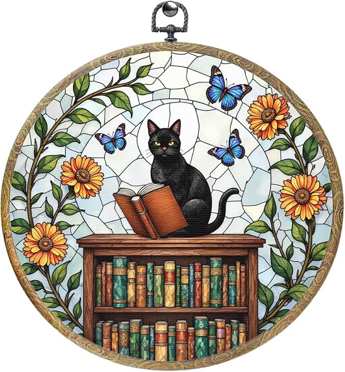 Cute Cat Decor Cat Stuff Accessories Book Lovers Gifts Reading Gifts Framed Round Wall Decor Canvas Wall Art Hanging Prints Artwork for Home Nursery Bedroom Living Room Decorations 10.2X10.2 Inch