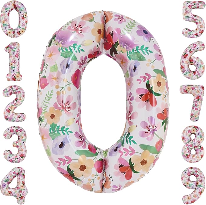 Flower Balloons 40 Inch Floral Number 0 Balloon for 10th Birthday Garden Party Decorations Ten Year Old Photo Props Foil Number 0
