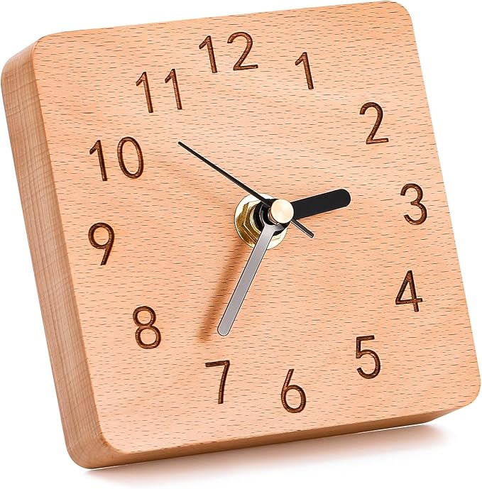 Kattepote Wooden Table Clock on Stand, Decorative Battery Operated Desk and Shelf Clock, Silent Non-Ticking Desktop Clock for Office, Living Room or Bedroom Decor, Square Shape, Beech Wood