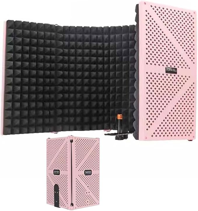 Portable Desktop Soundproof Cover,Microphone Soundproofing Acoustic Foam Panel,Self Made Sound Booth Box,Home Recording Equipment,for Music Practice Room(Pink)