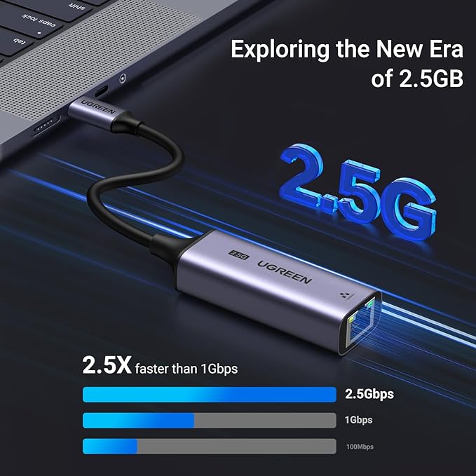 UGREEN USB C to Ethernet Adapter 2.5G, Ethernet Adapter for Laptop, Aluminum, Type C (Thunderbolt 4/3 Compatible) to RJ45 Network Internet, Compatible for NAS, MacBook Air/Pro, XPS, iPhone 17 Pro/Max