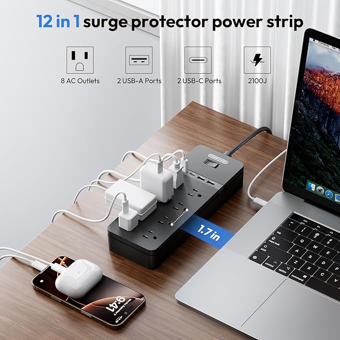 25 ft Extension Cord Flat Plug, NTONPOWER 8 Outlet Surge Protector Power Strip with 4 USB Ports(2 USB C), 15A Circuit Breaker, Wall Mount Surge Protector for Home, Office, Workbench or Garage,Black