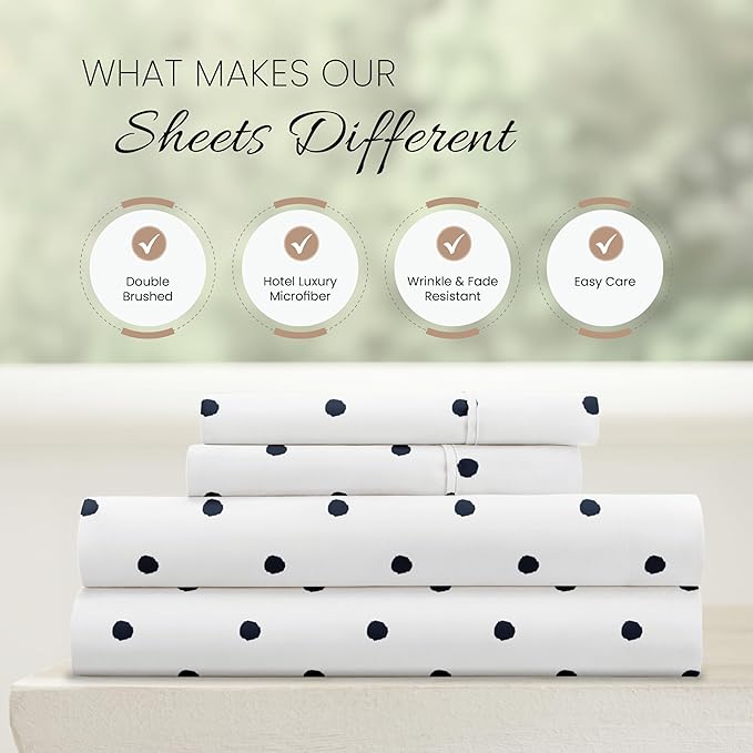 Linen Market Double-Brushed Patterned Microfiber Full Sheet Set 4 Piece – Oeko-TEX Certified Ultra Soft & Wrinkle-Free - 16" Deep Pocket Sheets - Easy Care Full Size - Dots Navy