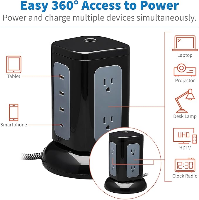 Tripp Lite TLP606UCTOWER Charging Tower Power Strip Surge Protector & Charging Station with USB Ports, 1800 Joules, 6 Outlets, 3 USB-A + 1 USB-C, 8ft Cord, Dorm Room Essentials Desk Accessory