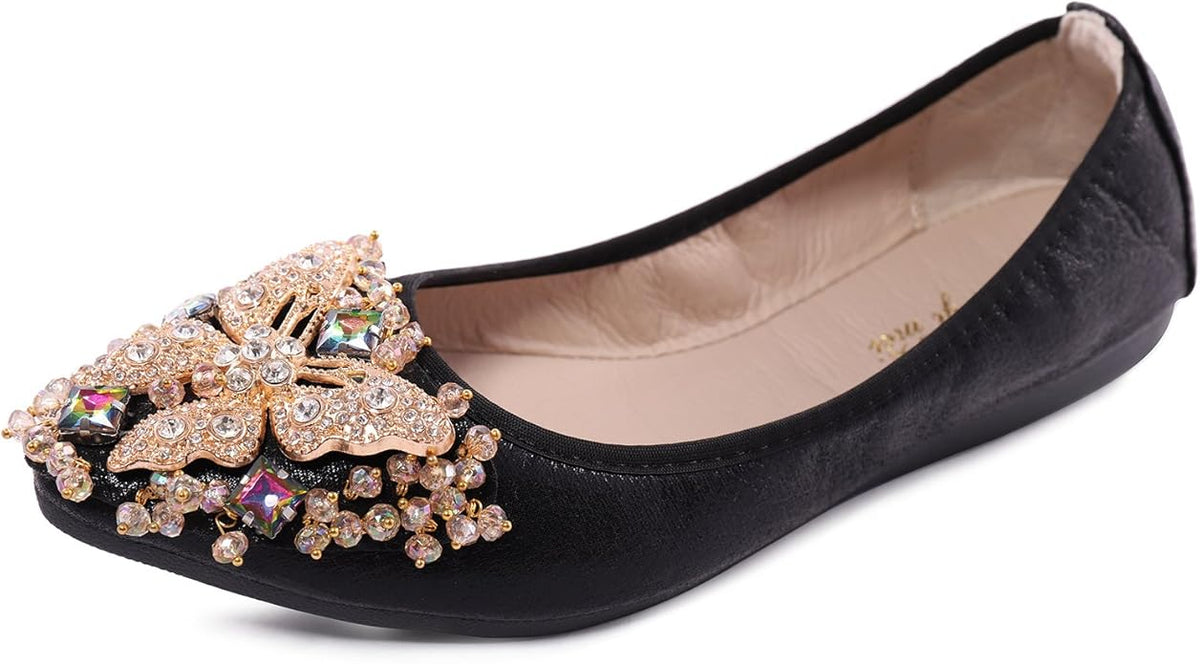 Womens Ballet Flats Foldable Rhinestone Pointed Toe Comfortable Slip on Wedding Flat Shoes Dress Flats for Women