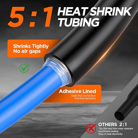 5:1 Heat Shrink Tubing Kit 500 PCS, Industry-Leading 5:1 Ratio Adhesive Lined, Marine Grade Dual Wall, Waterproof Electrical Wire Wrap Assortment – Industrial & Automotive Heat Shrink Tube Kit (Black)