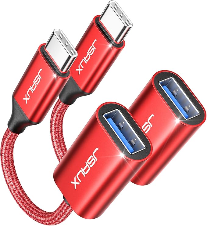 JSAUX USB C to USB 3.0 Adapter [2 Pack], USB C Male to USB Female OTG Cable Adapter Compatible with MacBook Pro/Air, iPhone 17 Pro Max/iPhone Air/16e/16/15 Series, Samsung Galaxy S25/S24/S23-Red