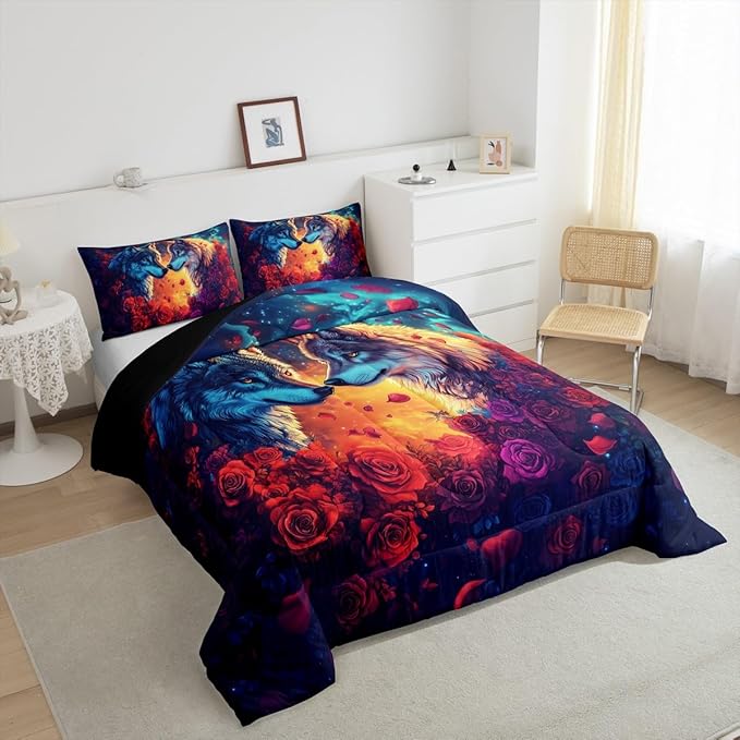 Wolf Full Size Comforter Set,Wild Animal Print Couple Theme Reversible Bedding Comforters Bedroom Collection,Romantic Red Rose Flowers Watercolor Galaxy Bedding Set for Girls Teens