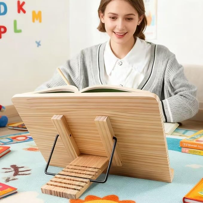 Reading Rack Wooden Bookshelf - Book Stand Foldable with 8 Adjustable Positions and Page Clips,Suitable for cookbooks、iPads、laptops、Sheet Music、and Reading Stands(15x11.4inch)