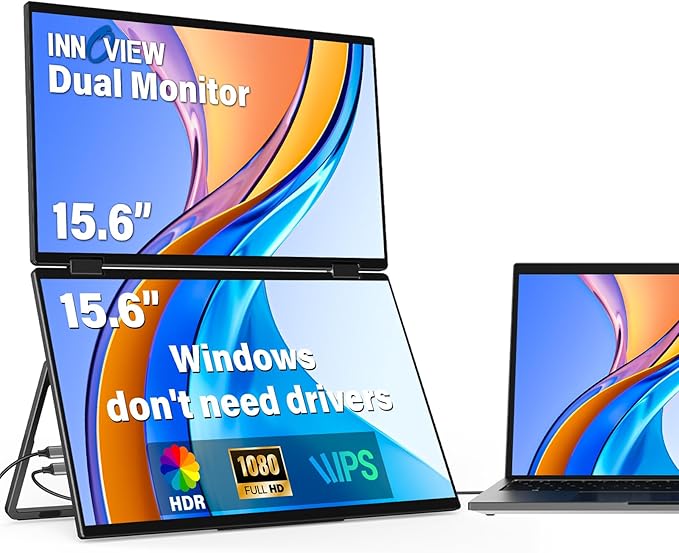 InnoView 2025 15.6" FHD Dual Portable Monitor | All-in-One Foldable & Stackable Design | 315° Screen Adjustment & 180° Stand | USB-C/HDMI Travel Monitor for Laptop, Mac, Windows