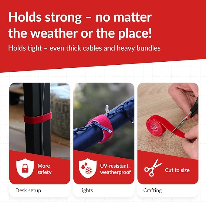Label-the-cable Cable Management Ties Tape, Adjustable, Re-Useable/Cable Tidy/Hook and Loop Cord Organizer, Wire Management/PRO ROLL, 25m x 16mm, Red, PRO 1250