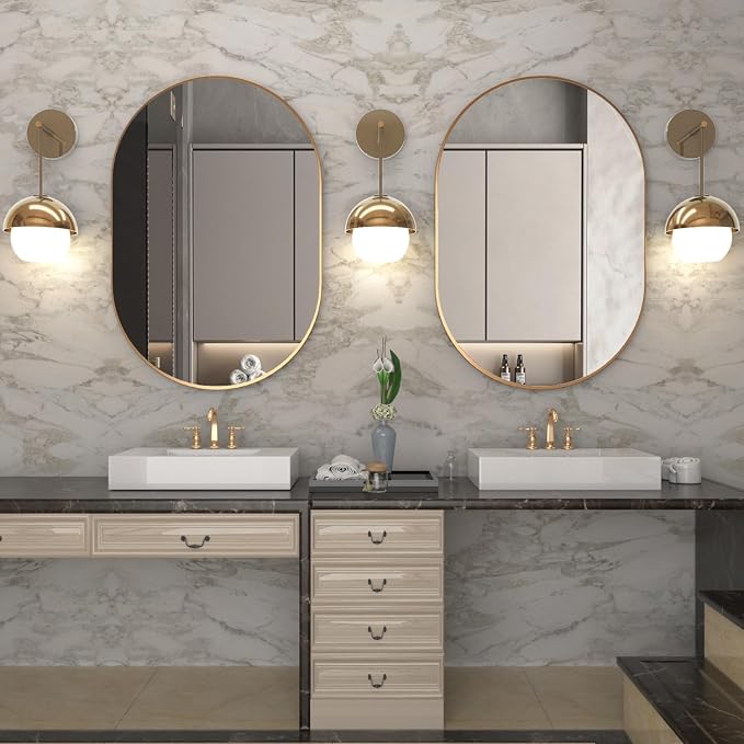 Oval Bathroom Mirror Capsule Wall Vanity Mirror, 20"x30" Pill Mirrors Wall Mounted Mirror, Large Modern Mirror with Gold Metal Frame, Decor for Entryway, Bedroom, Living Room