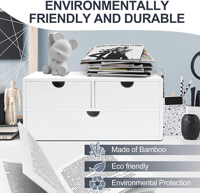 Charmewooden Desk Organizer with Drawers Countertop Drawer Organizer Drawers for Desk Top Home Office Workspace Bathroom Toiletries Supplies (white)