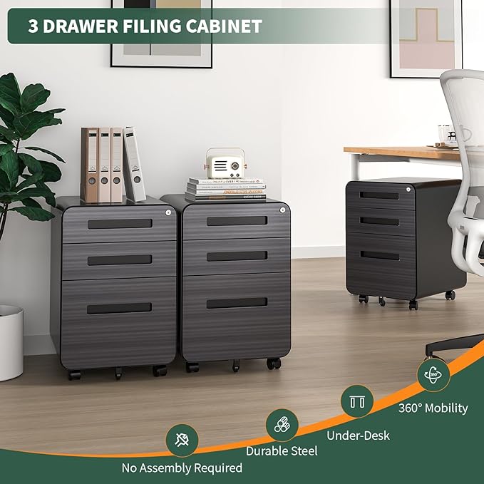 3 Drawer Mobile File Cabinet with Lock,Rolling Under Desk Storage Organizer,Fits A4/Letter/Legal Files, Metal Frame with Wheels for Home & Office