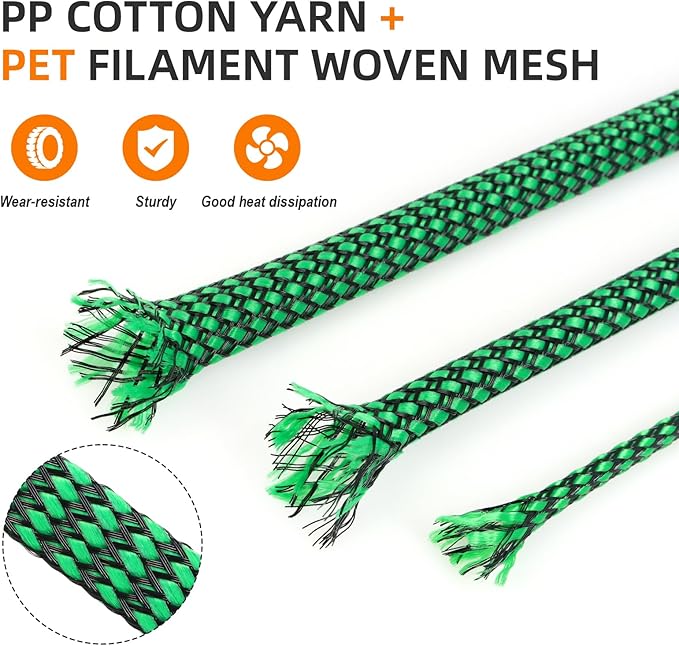 Braided Expandable Cable Sleeve, 25ft PP Cotton and PET Braided Cable Management, Flexible Mesh Wire Loom and Cable Protector for TV, Computer, Home Theater, Automotive (Green, 1/2")