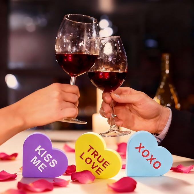 Valentines Day Wooden Heart Table Decor, 6PCS Double-Sided Conversation Heart Signs for Tiered Tray, Rustic Farmhouse Freestanding Wood Blocks, Valentine's Day Wedding Party Decorations and Gifts