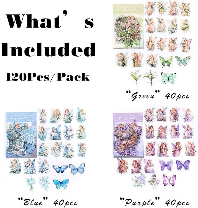 SIBLYMONA Vintage Fairy Stickers 120Pcs Transparent Stickers for Scrapbooking Journaling, Floral Butterfly Cottagecore Junk Journal Scrapbook Supplies, Rub On Transfers for Crafts (120, Blue)