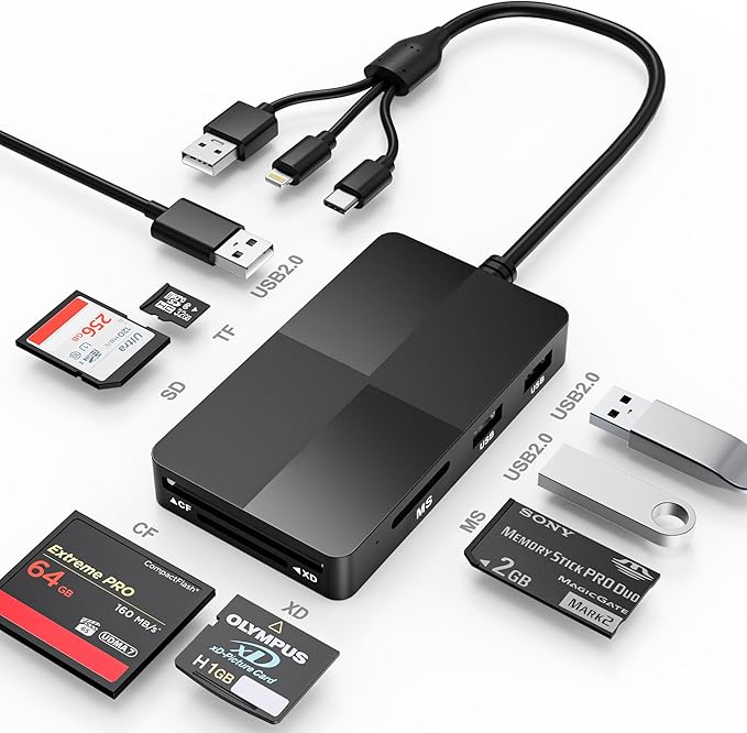 Memory Stick Pro Duo Reader Adapter, 8 in 1 SD/MS/TF/CF/XD Card Reader with 3 USB 2.0 Ports, L-ightning+USB A+USB C, Multi Memory Card Reader Support OTG, Fast Data Transfer