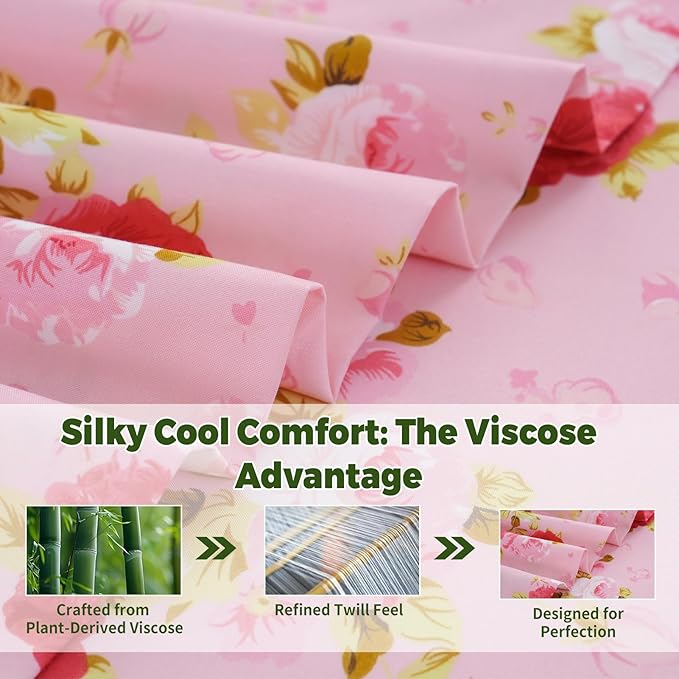 Bedlifes California King Floral 4-Piece Sheet Set - Cooling Sheets Blend Rayon Derived from Bamboo,Soft & Breathable, Deep Pocket 16", Wrinkle Resistant - Vibrant Boho Floral in Rose Pink