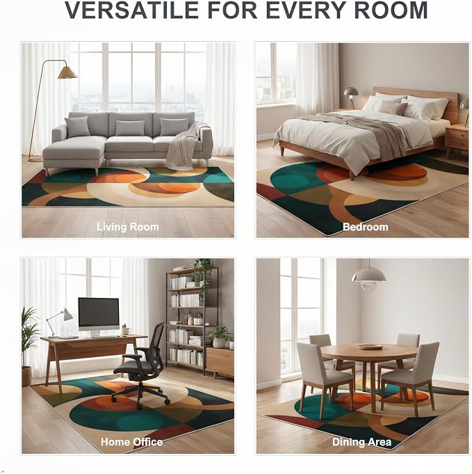 Mid Century Geometric Area Rug 4x5 – Retro Abstract Circle Pattern Rug for Living Room & Bedroom, Low Pile Washable Indoor Rug with Non-Slip Backing