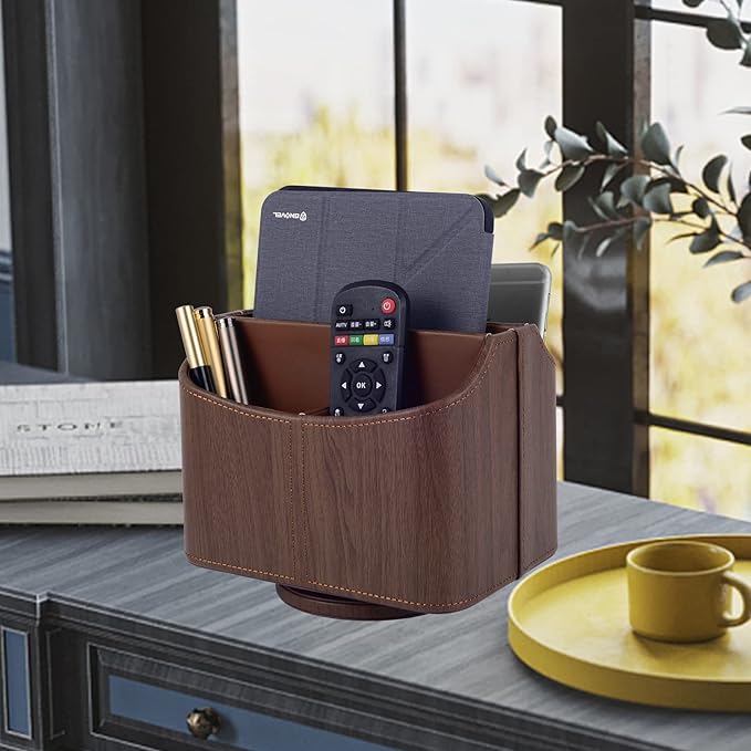 RHCSZ Brown 360 Degree Swiveling TV Remote Control Holder/Caddy, Leather Desk Organizer for Office and Home Furniture Decoration Storage Box(Dark wood grain)
