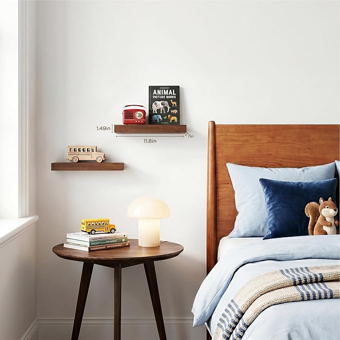 Walnut Floating Shelves for Wall Set of 2, 11.8 Inch Small Wood Wall Shelves for Bathroom Over Toilet, Bedroom & Home Office Storage, Wall Mounted Shelves for Books, Decor & Small Plants