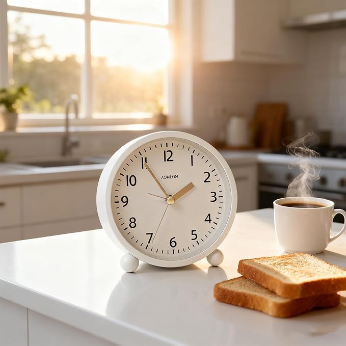 AOKILOM Analog Alarm Clock, Non-Ticking Silent Travel Small Clock, Battery Operated with On-Demand Light, Easy Set Gentle Wake, Ideal Decor for Bedroom, Bedside, Desk,Office(White)