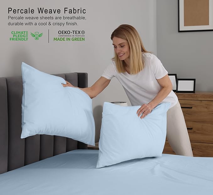 RUVANTI 100% Cotton Twin Sheets Set, 3 Pieces, Soft & Breathable Percale Weave Bedding, Deep Pocket 16", Hotel Standard, Crisp Cool Feel, Durable, Perfect Dyed Bed Sheet, Baby Blue